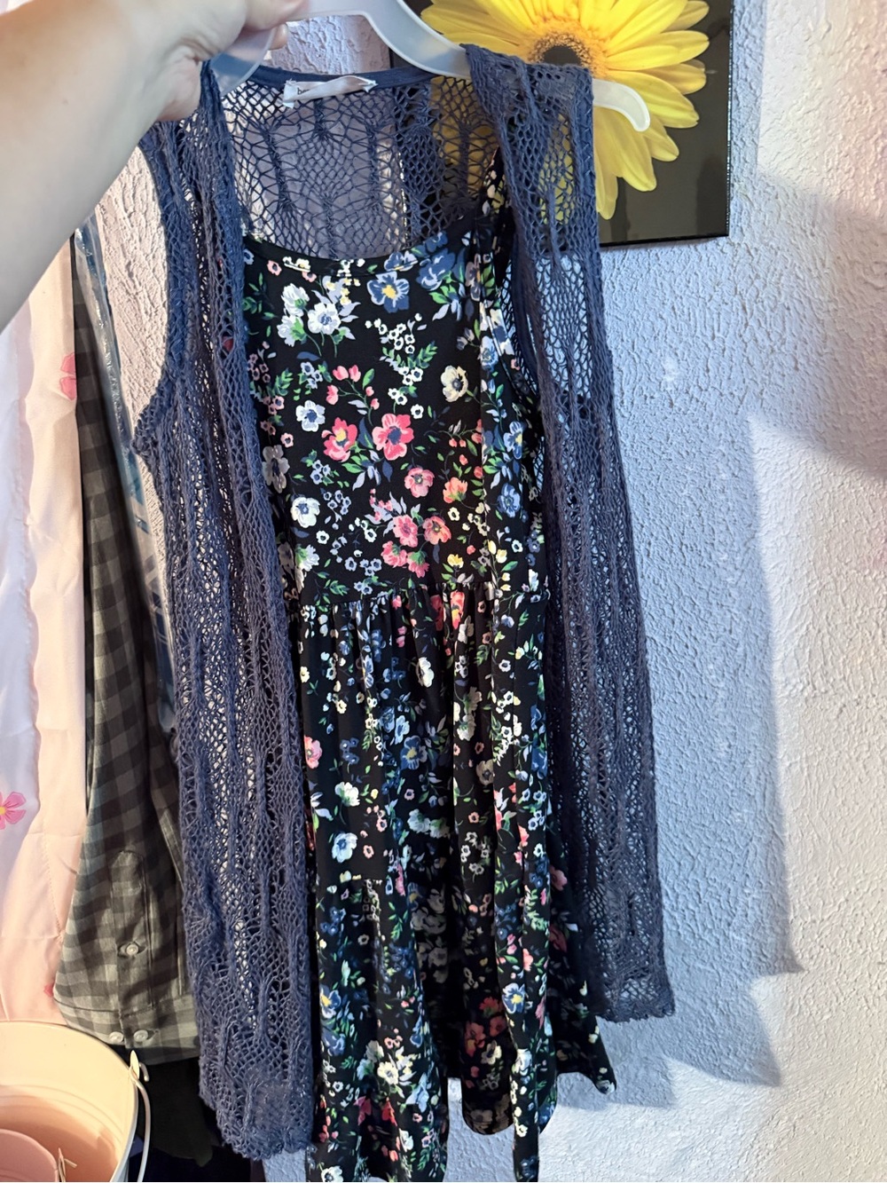 Beautees Black Floral Sundress with Navy Crochet Vest